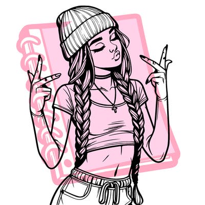 realistic teenage girl with braids and a beanie and crop top doing 🫶🏼