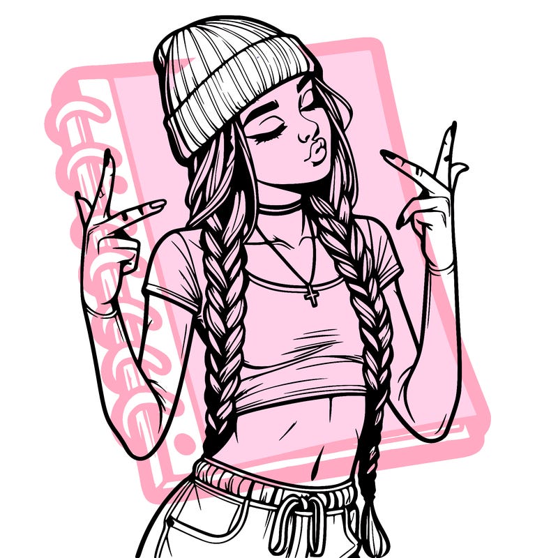 realistic teenage girl with braids and a beanie and crop top doing 🫶🏼