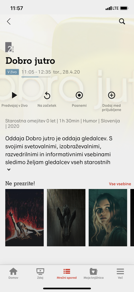 A1 Xplore TV Go app screen showing show details for Dobro jutro and movie recommendations
