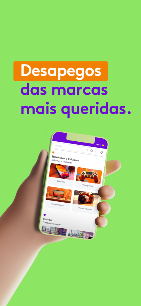 OLX - Comprar e vender online - Uma mão segurando um smartphone mostrando a tela de seleção de categorias de eletrônicos e imóveis do app OLX Brasil.