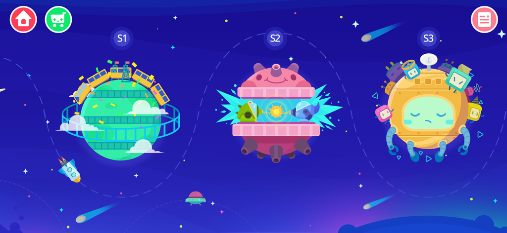 Dinosaur Math - Games for kids - 기차와 로봇이 등장하는 우주 테마 교육 게임 섬 세 개를 보여주는 레벨 선택 화면