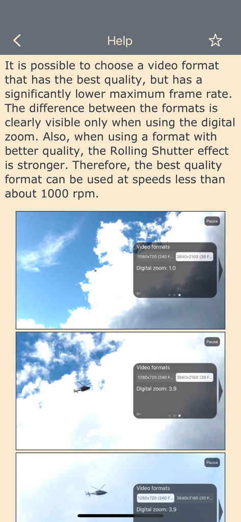 Video tachometer for business - Video tachometer app help screen explaining video formats and digital zoom with helicopter camera view examples