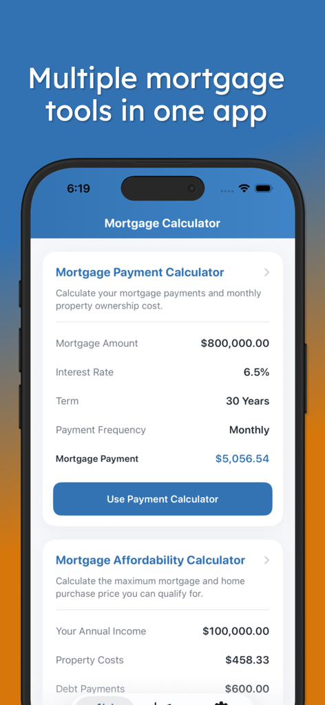Mortgage Pal - Loan Calculator - Interface of the Mortgage Pal app showing payment and affordability calculation tools.