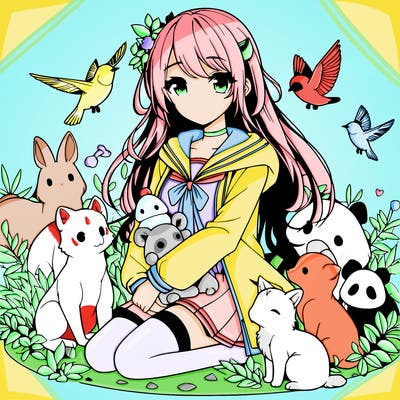 beautiful anime girl surrounded by animals