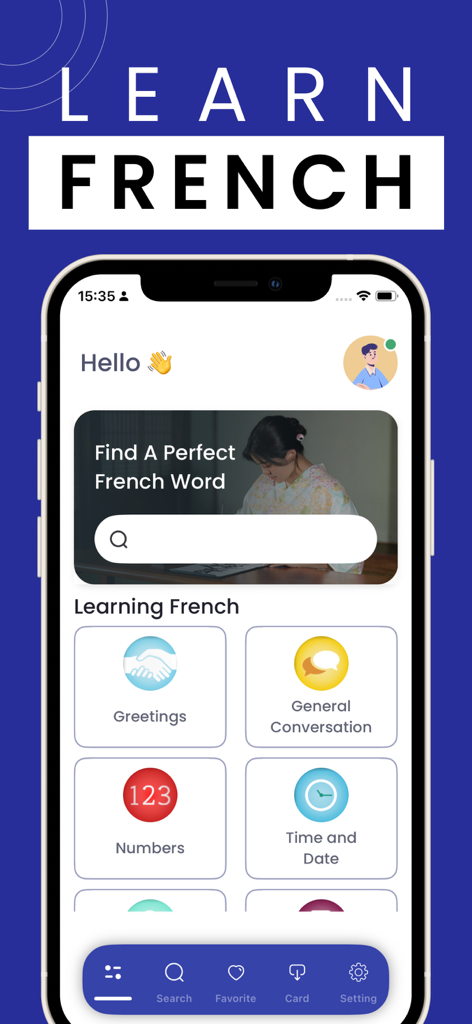 Learn French -Travel in France - Home screen of the Learn French app showing categories for greetings and general conversation