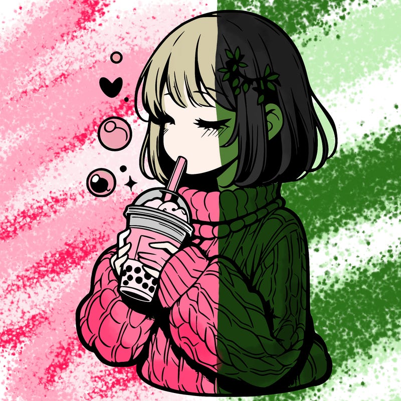 manga girl drinking boba in cozy sweater
