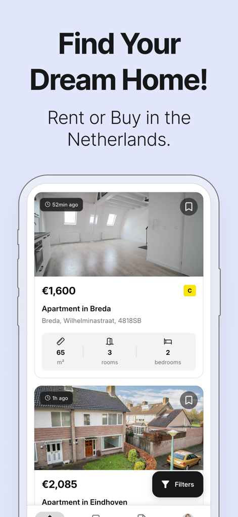 Huisly - Huisly app interface displaying residential property listings for rent and sale in the Netherlands with price and location details