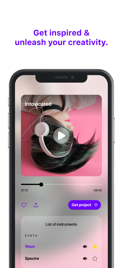 Beatwaveモバイルアプリの画面。クリエイティブなインスピレーションのための音楽プロジェクトフィードと楽器リストを表示