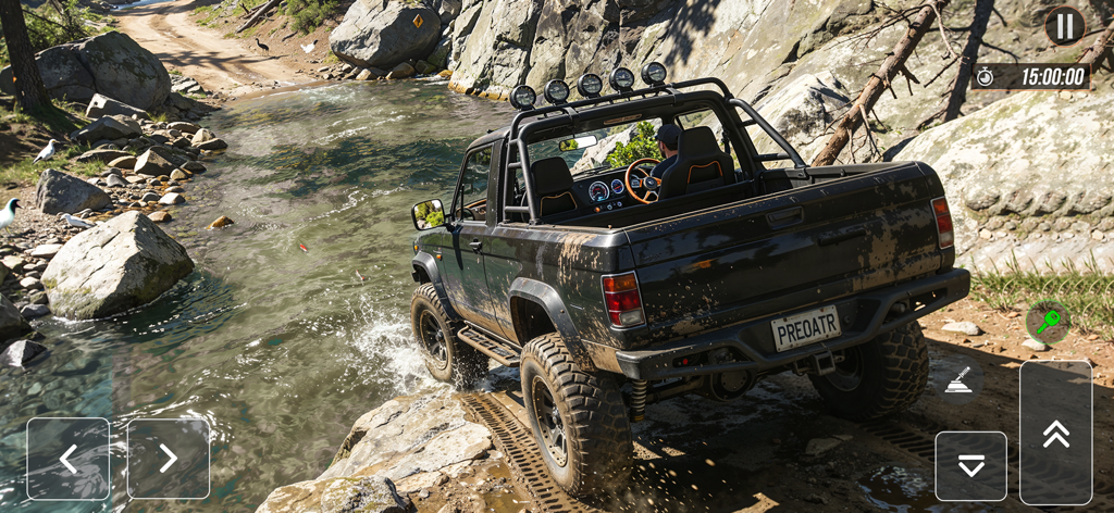 Crazy Jeep Drive Offroad Games - Un vehículo todoterreno 4x4 negro cruzando un arroyo rocoso en un paisaje montañoso