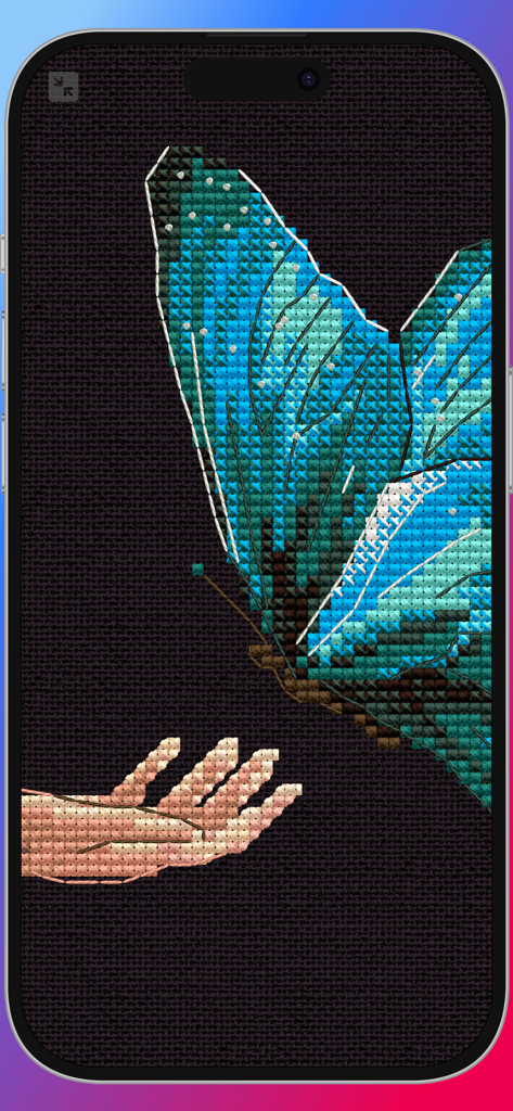 Cross Stitch Saga - Un primer plano de alta resolución de un patrón digital de punto de cruz que presenta una mariposa azul y una mano sobre un fondo de tela oscura.