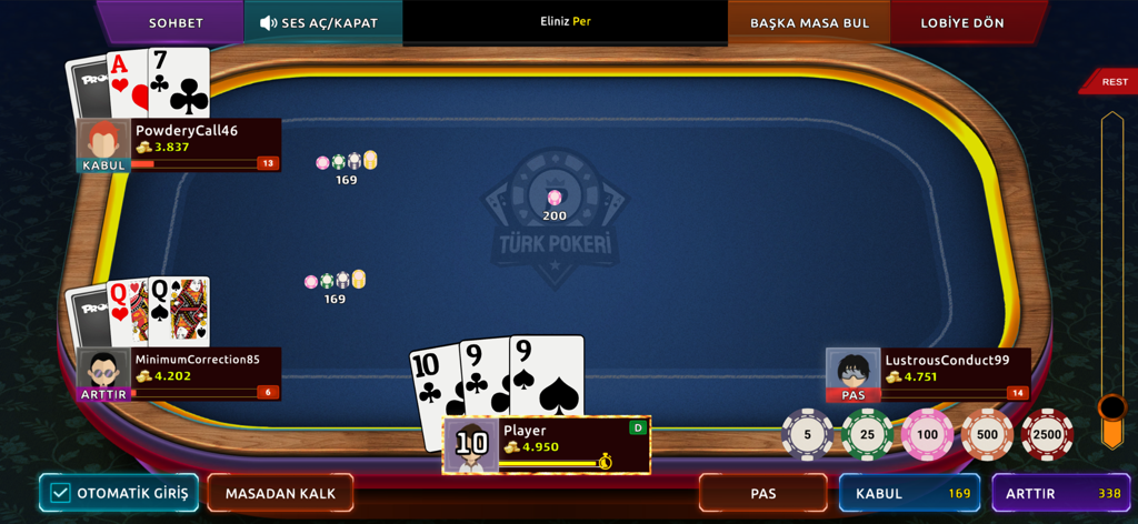 Turk Pokeri - Table de jeu de Poker Turc en ligne avec des joueurs et des commandes de paris