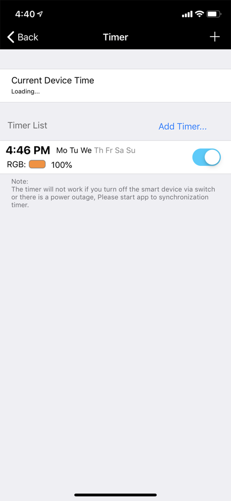 Magic Home Pro app interface showing a scheduled timer for smart LED lighting