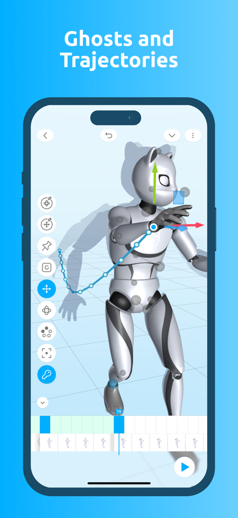 Cascadeur: 3D animation - Mobile phone screen displaying 3D character animation with ghosts and trajectories in Cascadeur