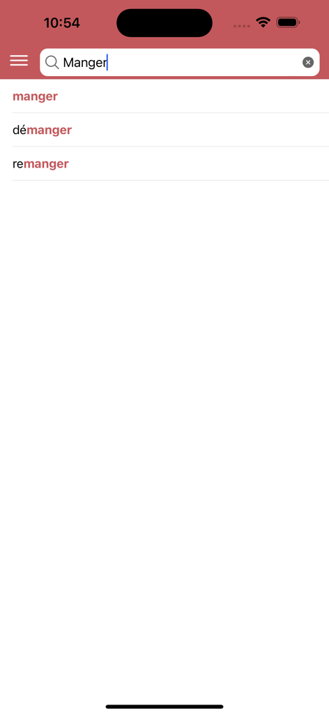 French conjugations! - A search interface within the French conjugations app showing verb suggestions for manger