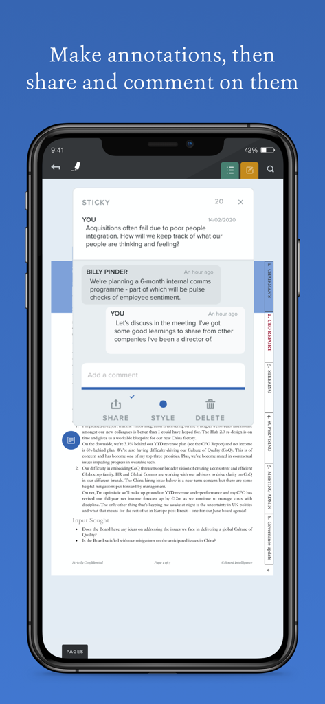 Smartphone screen showing the Board Intel app with a sticky note feature for sharing and commenting on corporate documents.