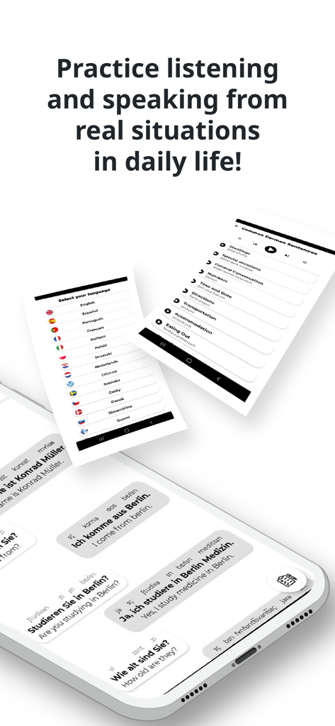 Captures d'écran de l'application d'apprentissage de la langue allemande montrant des catégories telles que les phrases courantes, la sélection de la langue et la pratique de dialogues réels avec traductions.