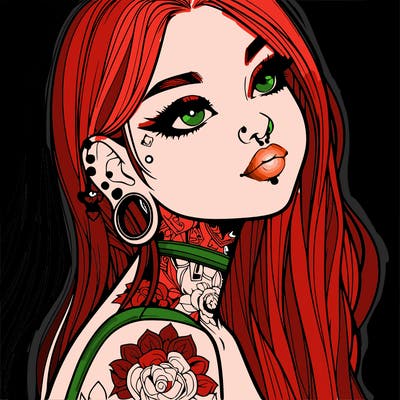 realistic girl with long hair ear piercings and tattoos
