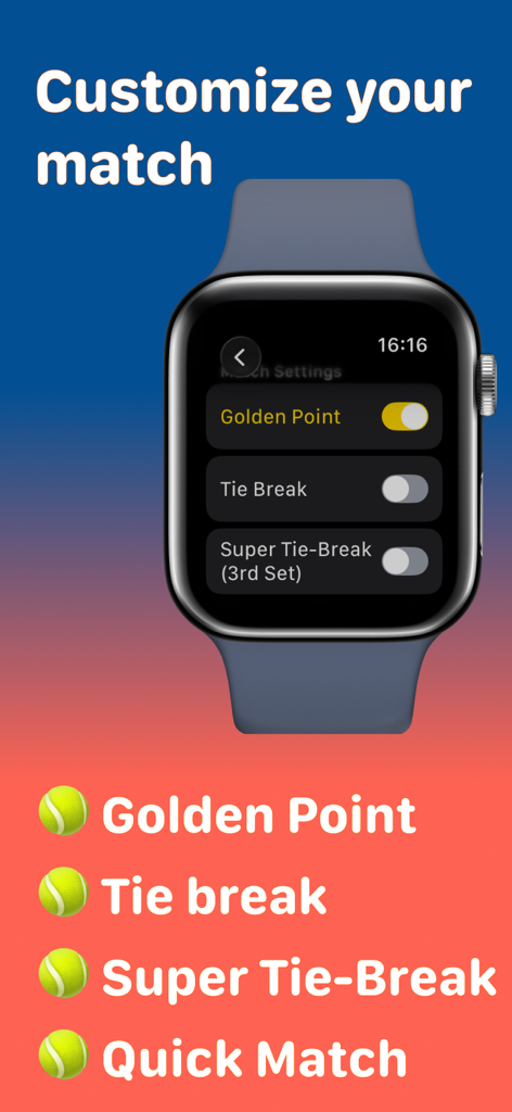 Padel Fit Score Tracker - Apple Watch interface for customizing Padel match scoring options like Golden Point and Tie Break