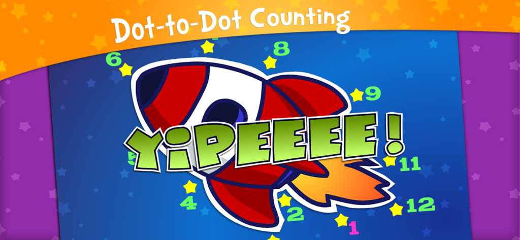 Un puzzle da collegare completato di un'astronave nell'app prescolare Alien Buddies che mostra la parola Evvai!