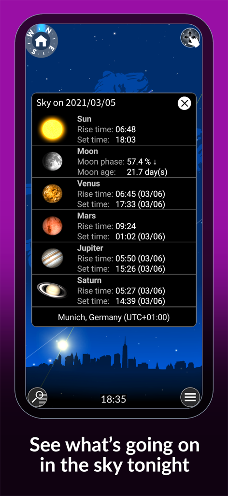 Interface of The Sky by Redshift app showing rise and set times for the sun moon and planets