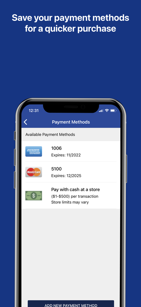Transit GO Ticket - Transit GO Ticket app payment methods screen showing saved credit cards and cash payment options