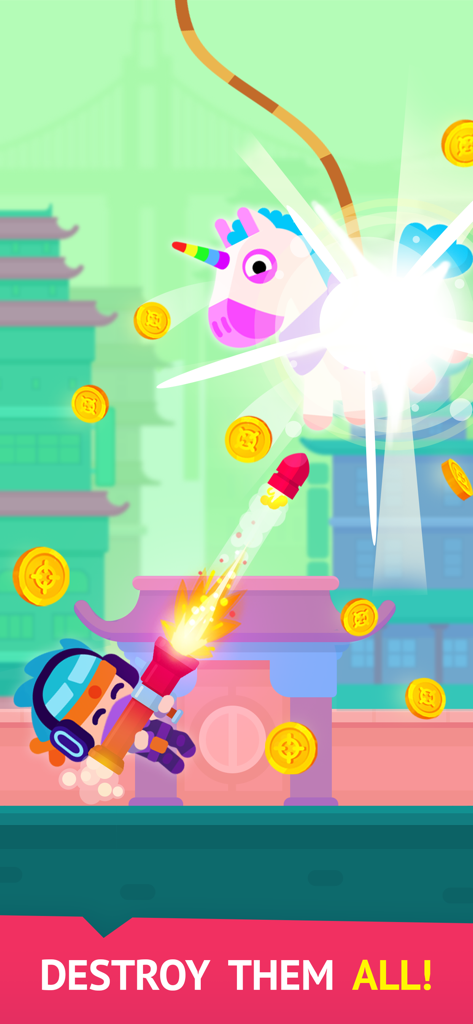 Pinatamasters - 코인이 떨어지는 유니콘 피냐타에 로켓 발사기를 쏘는 캐릭터