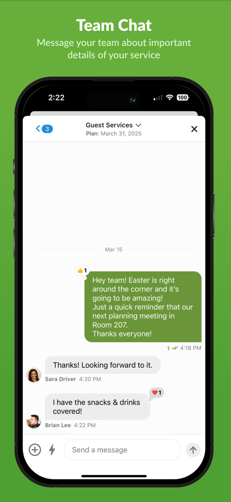 Planning Center Services mobile app team chat interface for service coordination.