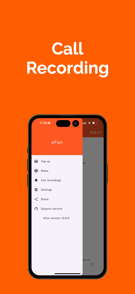 eFon app menu highlighting the international call recording feature
