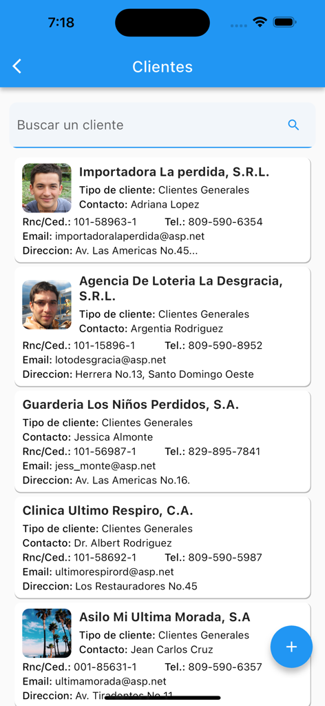 Watersoft Fact App - Watersoft Fact mobile app interface displaying a searchable list of business clients with contact information