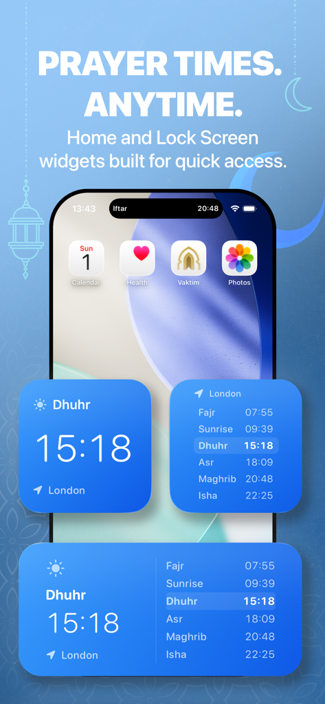 Vaktim: Prayer Times & Qibla - Vaktim app showing prayer times widgets on an iPhone home screen