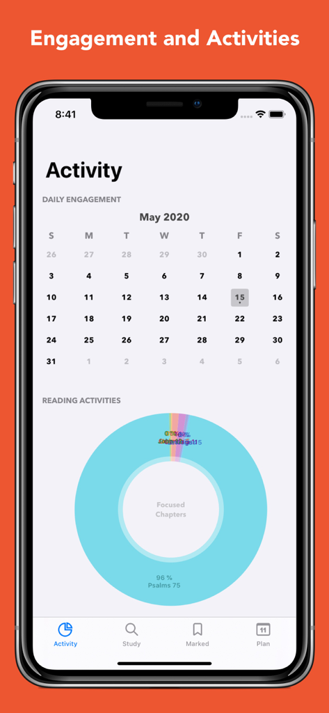 Bible study app activity screen showing reading progress and daily engagement stats