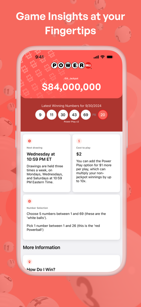 Scan Lottery Ticket Now - Écran de l'application mobile montrant le montant du jackpot Powerball et les derniers numéros gagnants