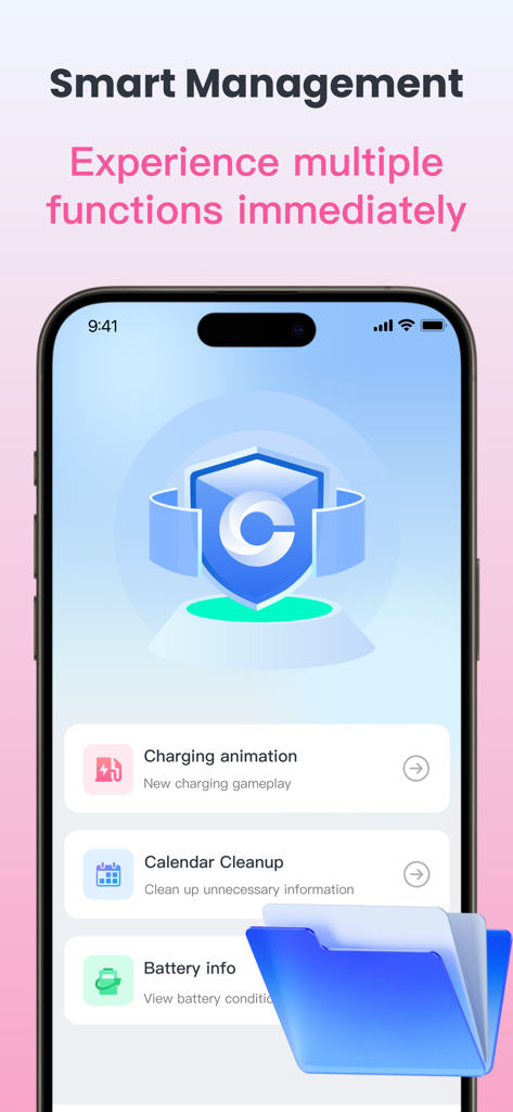 AnyTo - Location change tool - AnyTo app interface showing smart management utility features including calendar cleanup and battery info