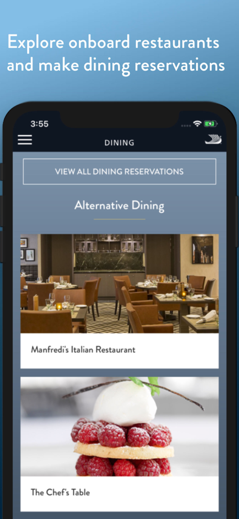 Viking Voyager - Manfredis Italian Restaurant와 같은 전문 레스토랑의 기항 다이닝 예약 보기 및 예약 메뉴인 바이킹 보야저 앱.