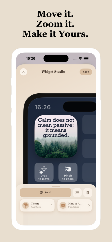 MySavior: Bible Widgets - Una interfaz de aplicación móvil que muestra opciones de personalización para un widget de versículo bíblico en la pantalla de inicio de un iPhone.
