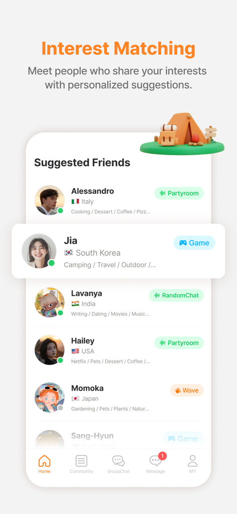 Moii - Heartfelt Connections - A mobile interface for Moii showing a suggested friends list with international profiles and activity tags based on shared interests.