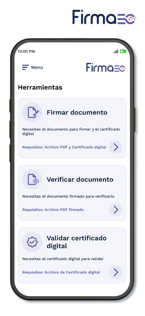 FirmaEC móvil - Interfaz de la aplicación FirmaEC movil mostrando el menú de herramientas con opciones para firmar documentos, verificar documentos y validar certificados digitales.