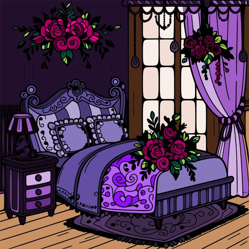 a beautiful room with flowers on the bed