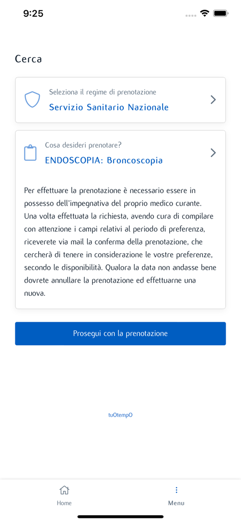 Screenshot dell'app My IEO che mostra l'interfaccia di prenotazione degli appuntamenti medici per esami come la broncoscopia