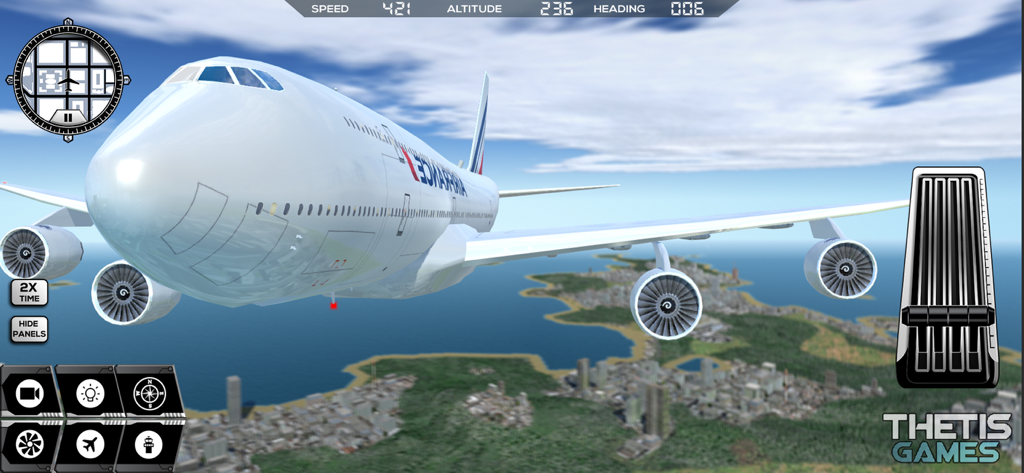 Flight Simulator FlyWings 2017 - A commercial Boeing 747 aircraft flying above a city coastline in Flight Simulator FlyWings 2017