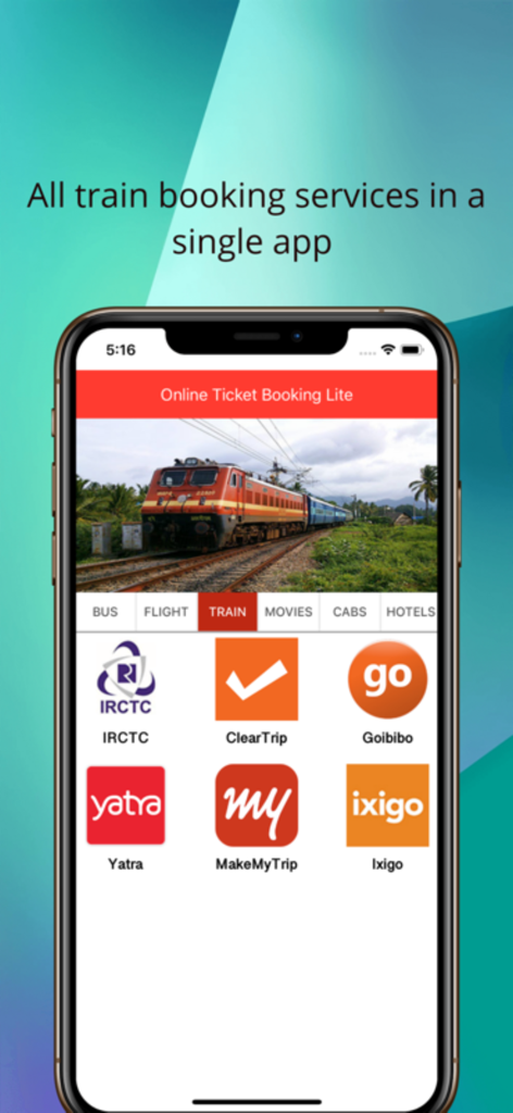 Online Ticket Booking Lite - IRCTCやMakeMyTripなどのさまざまなインドの列車予約サービスを表示するオンラインチケット予約Liteアプリのインターフェース