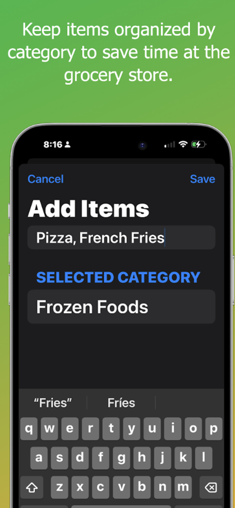 Grocy List - Oberfläche der Grocy List App, die zeigt, wie Artikel wie Pizza und Pommes Frites zur Kategorie Tiefkühlkost hinzugefügt werden.