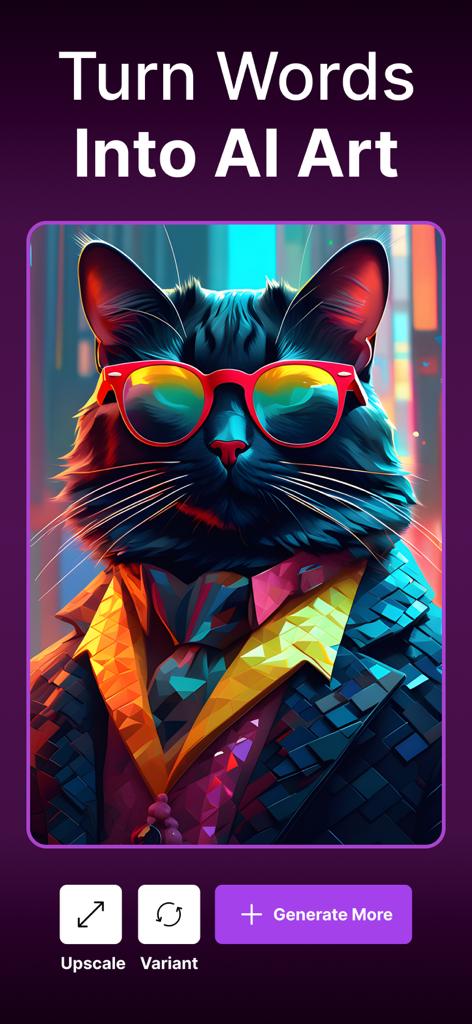 Imagine - AI Art Generator - The Imagine AI Art Generator app interface featuring a colorful artwork of a cat in a suit and red sunglasses with the text Turn Words Into AI Art.