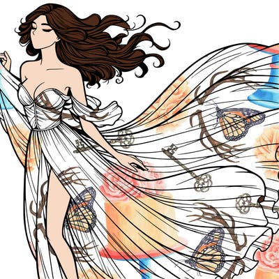 realistic woman in dress flowing the the wind