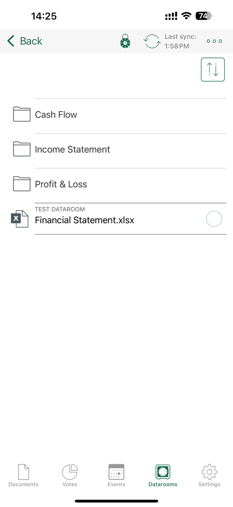 Brainloop Secure Client - A list of financial documents and folders inside the Brainloop Secure Client dataroom app interface