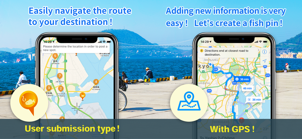 낚시 내비게이션 앱 인터페이스에 지도상의 GPS 경로와 대화형 낚시 장소 핀 표시