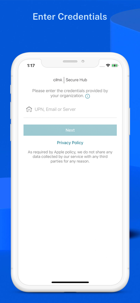 Citrix Secure Hub - Citrix Secure Hub app login screen on an iPhone requesting corporate credentials