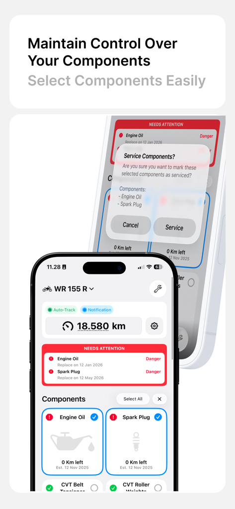Écran de l'application RideCheck affichant le suivi de la santé des composants du véhicule et la confirmation de l'entretien.
