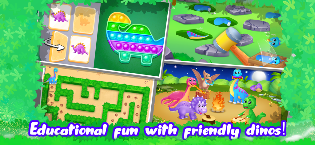 Dino World for Kids age 5 4 3 - 迷路、記憶合わせ、音楽的なキャンプファイヤーのアクティビティなど、子供向けの恐竜ミニゲームのコレクション。