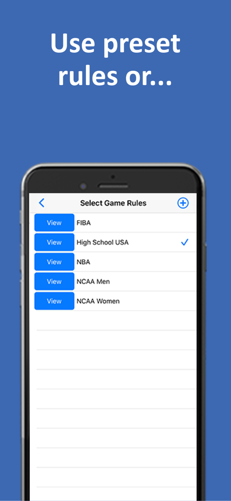 A smartphone display showing preset basketball game rules for US High School and NCAA
